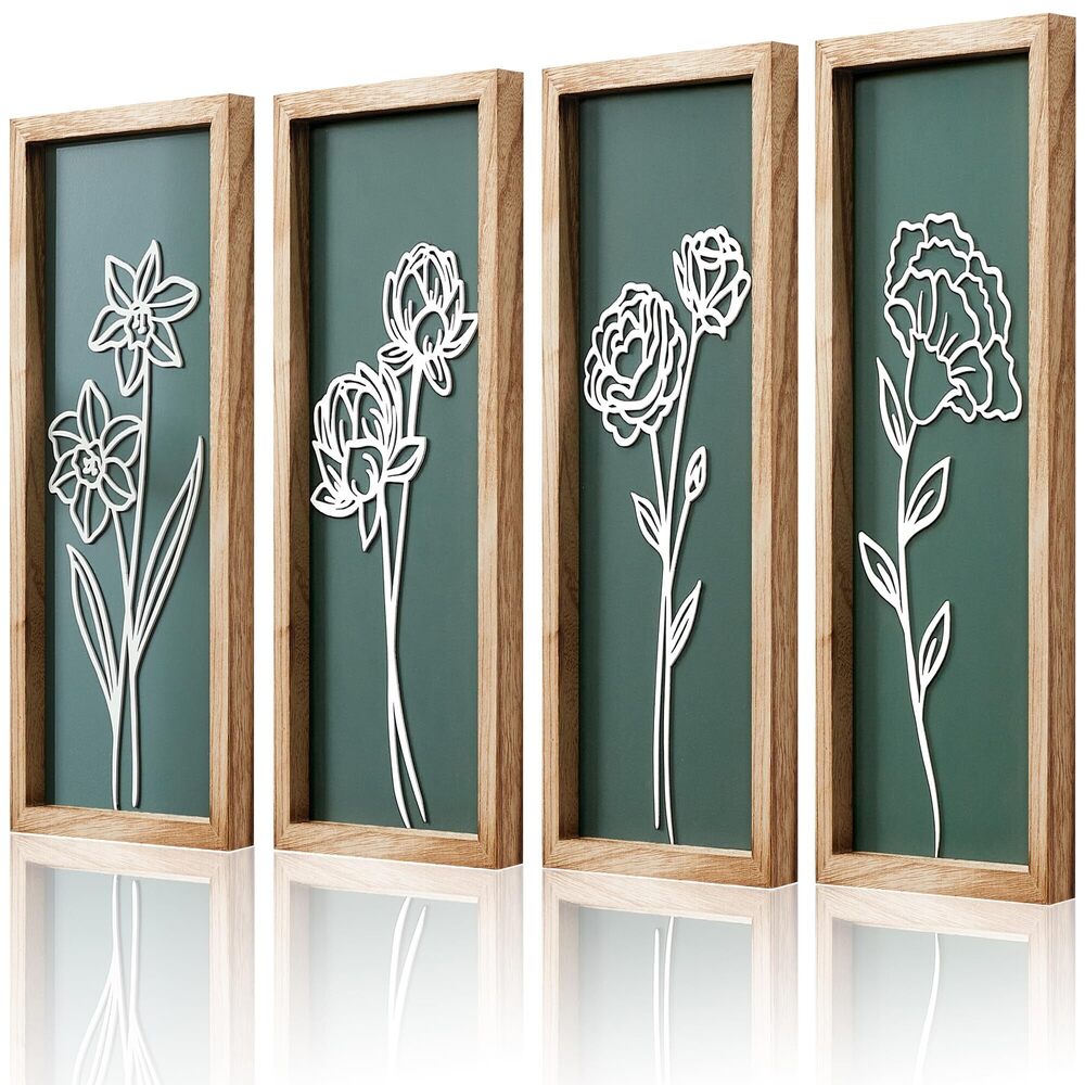 1999 3D Wooden Floral Wall Art, Set of 4 Framed Flowers Wall Art